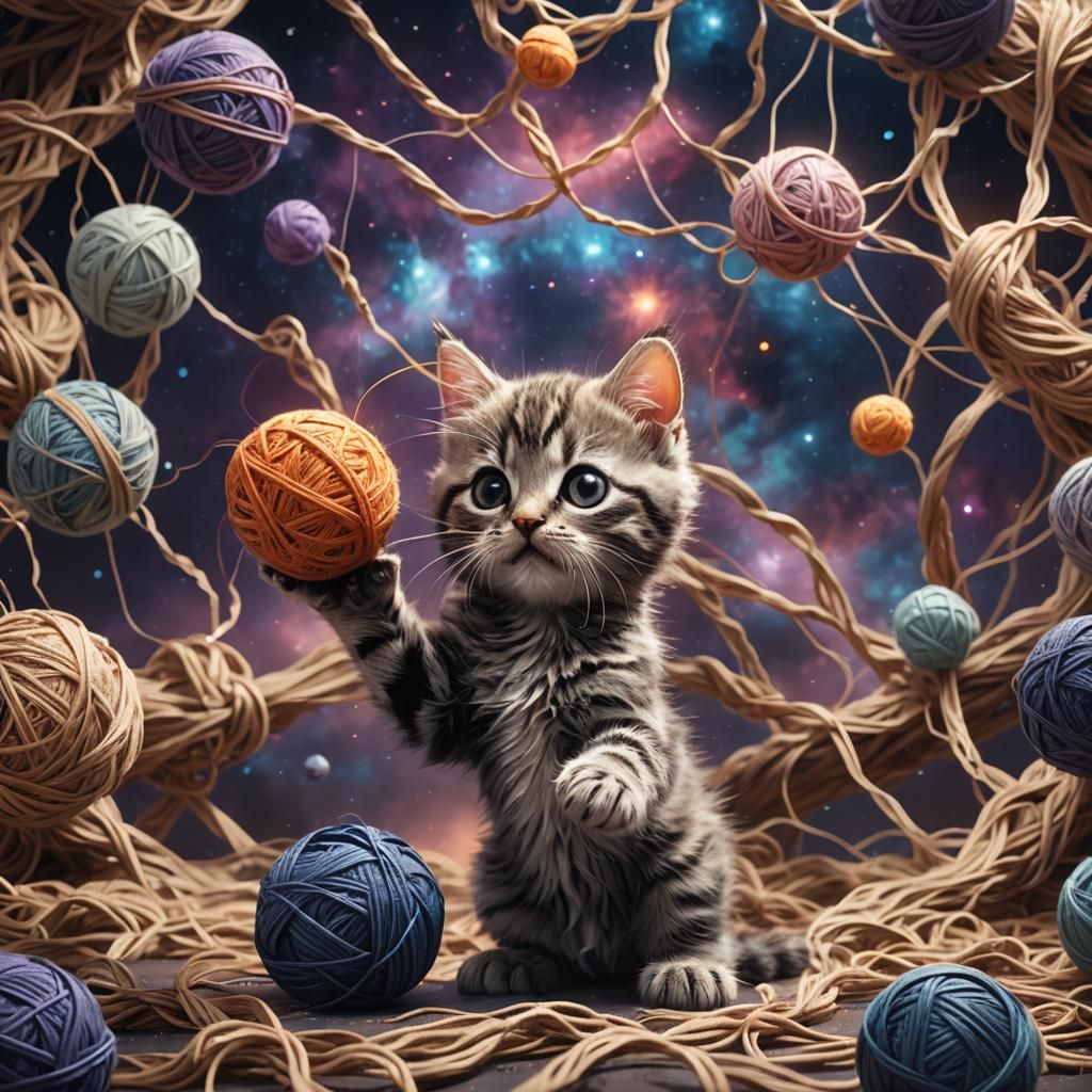Kitten Plays with Galaxy Yarn Ball: Fantasy Art