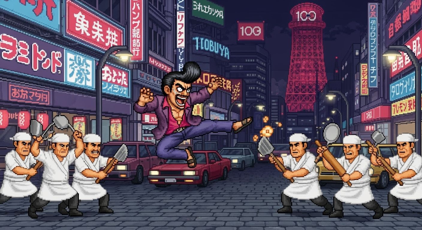 Pixel Art Yakuza Fight in Retro-Futuristic Shibuya