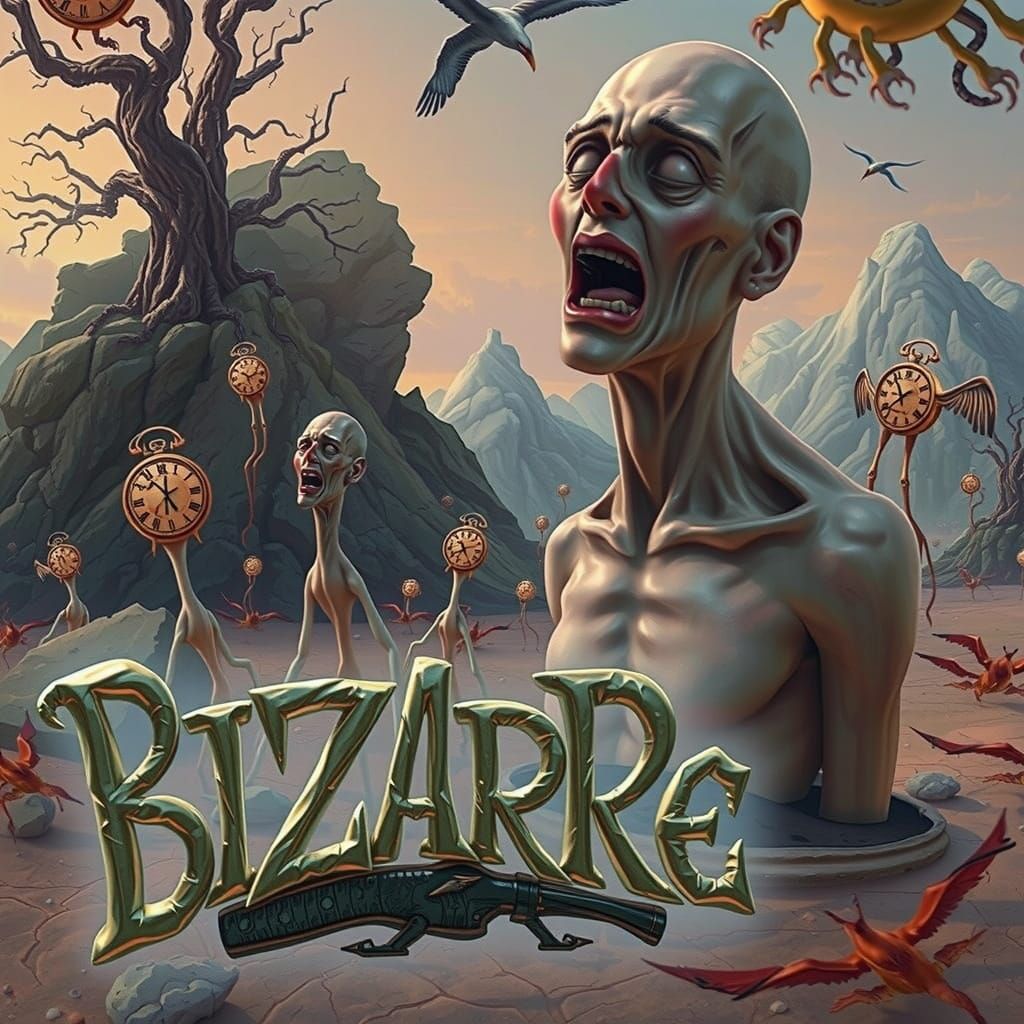 A Salvador Dali-inspired landscape unfolds with melting clocks draped over gnarled, surreal trees and rocks. In the back...