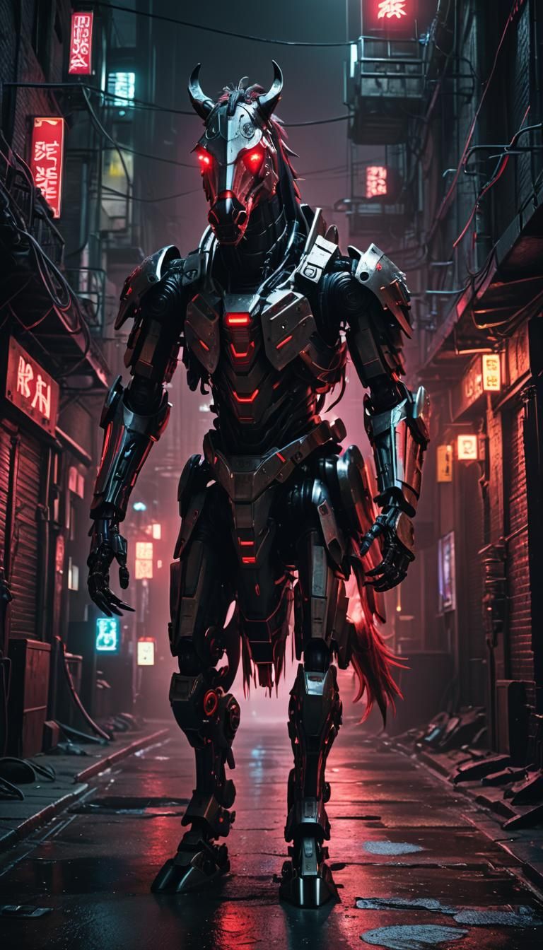 Menacing Cyberpunk Robot Horse in Dystopian Alley