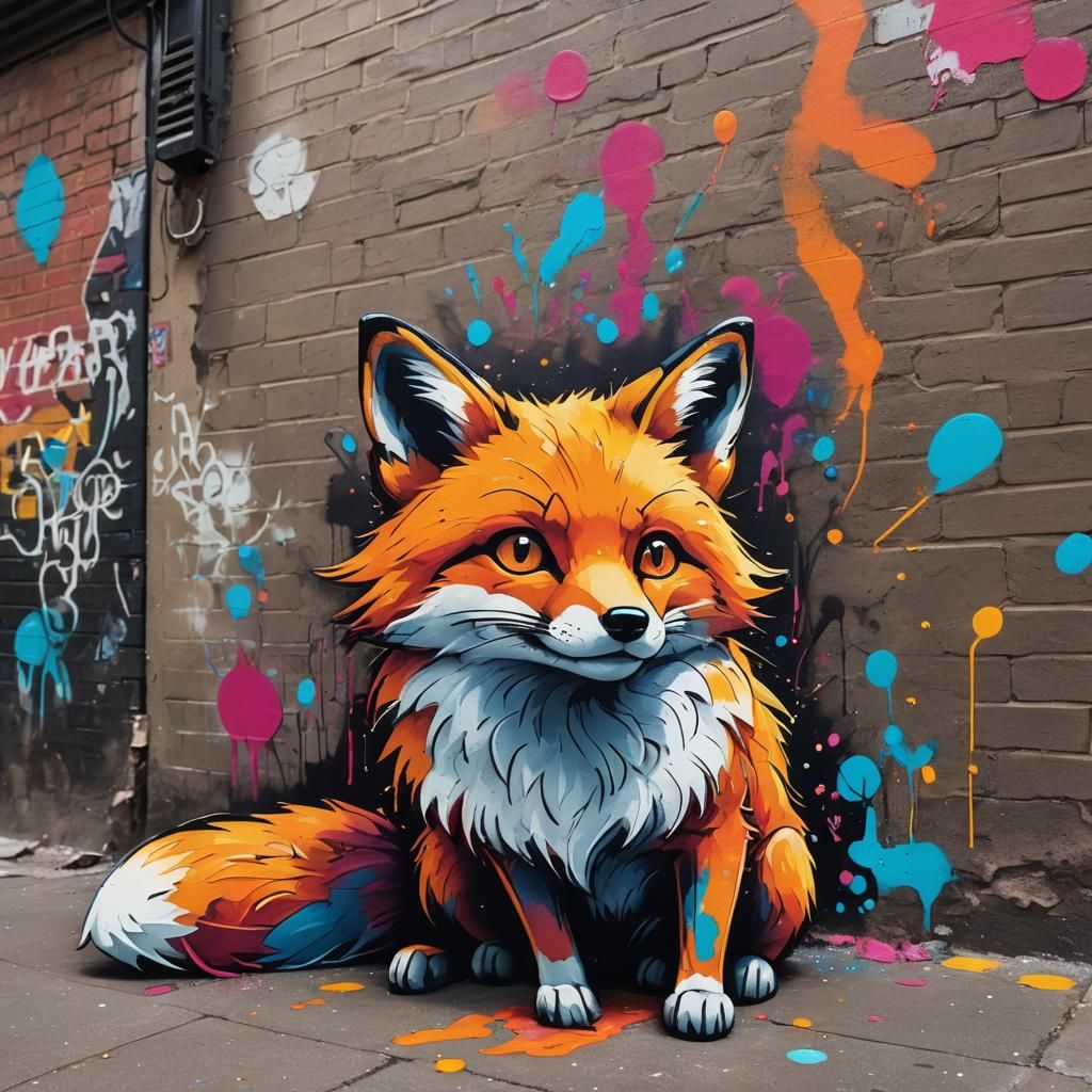 Kawaii Fox in Urban Alleyway Street Art