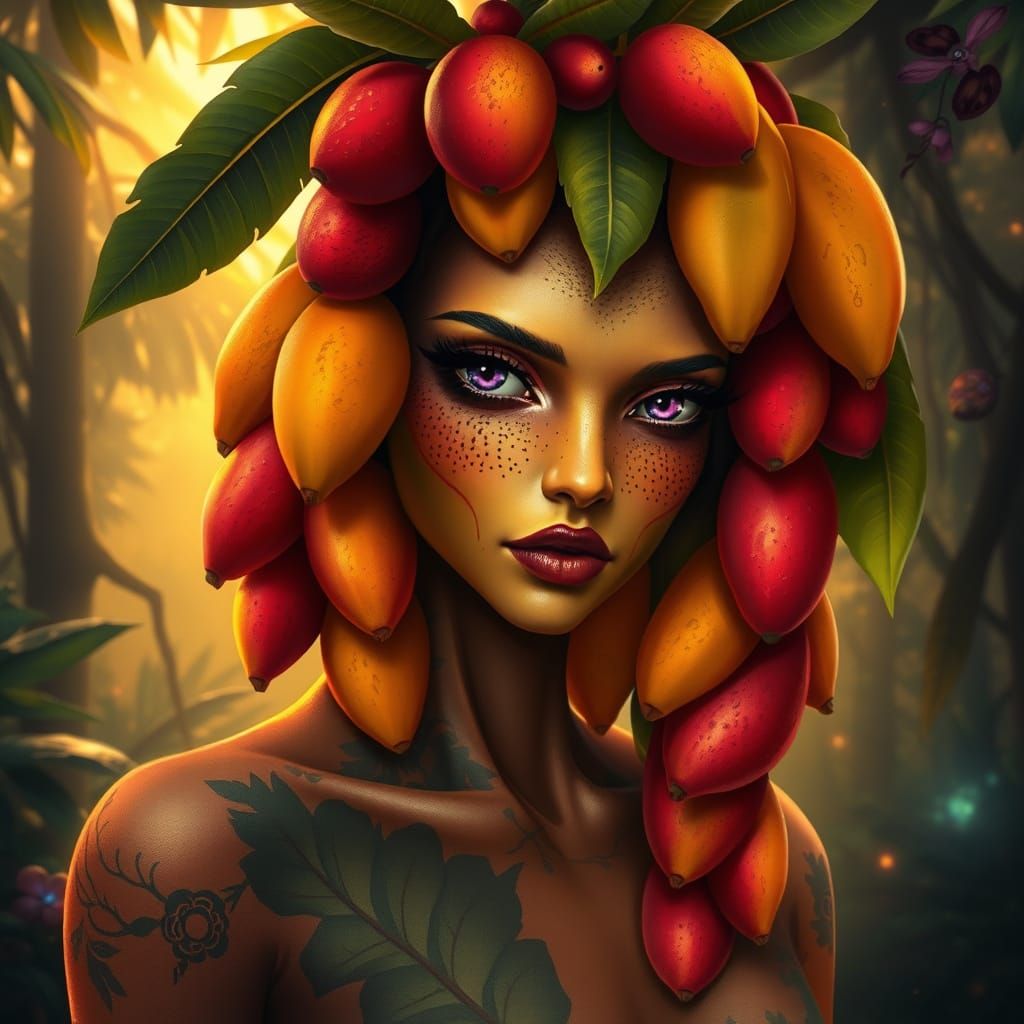 Surreal Human-Fruit Hybrids in Dreamlike Jungle