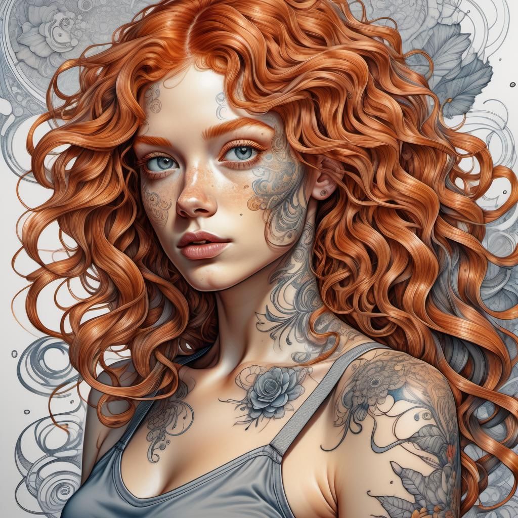 Ginger Woman with Tattoos in Ink Drawing Style