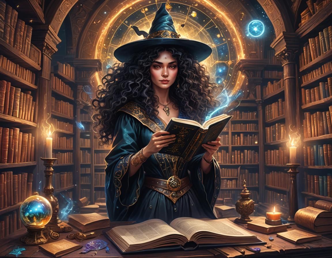 Cosmic Witch Studies Spells in Ancient Library