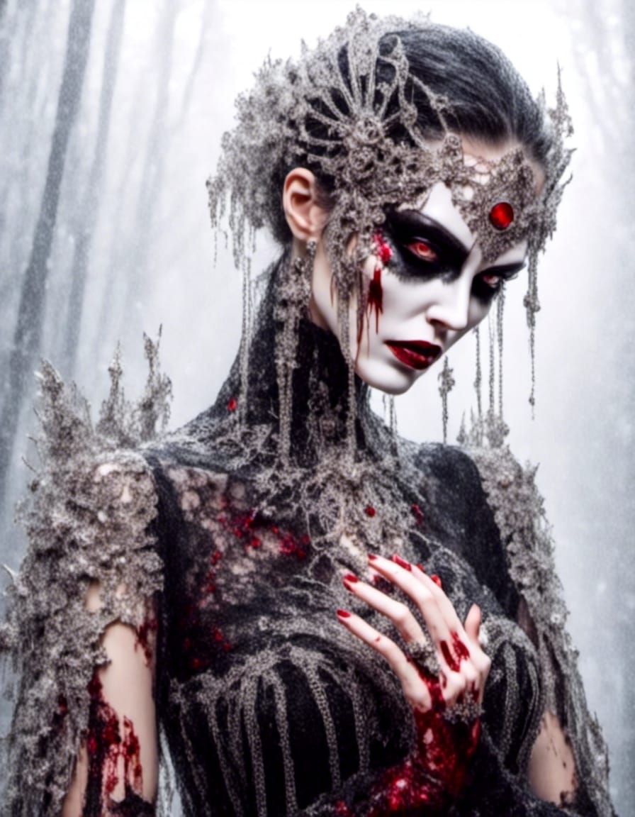 Vampire Bride with Bloody Hand in Gothic Art