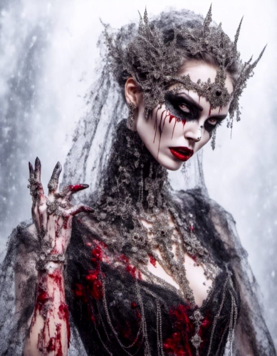 Vampire Bride with Bloody Hand in Gothic Art