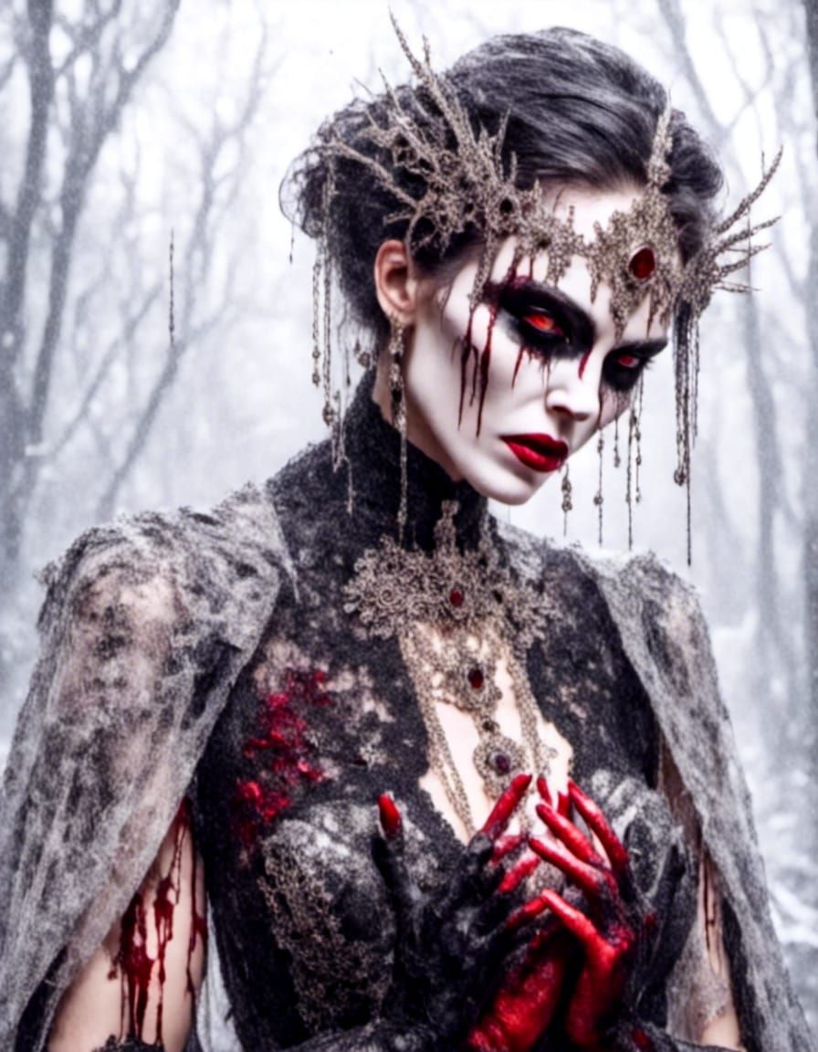 Vampire Bride with Bloody Hand in Gothic Art