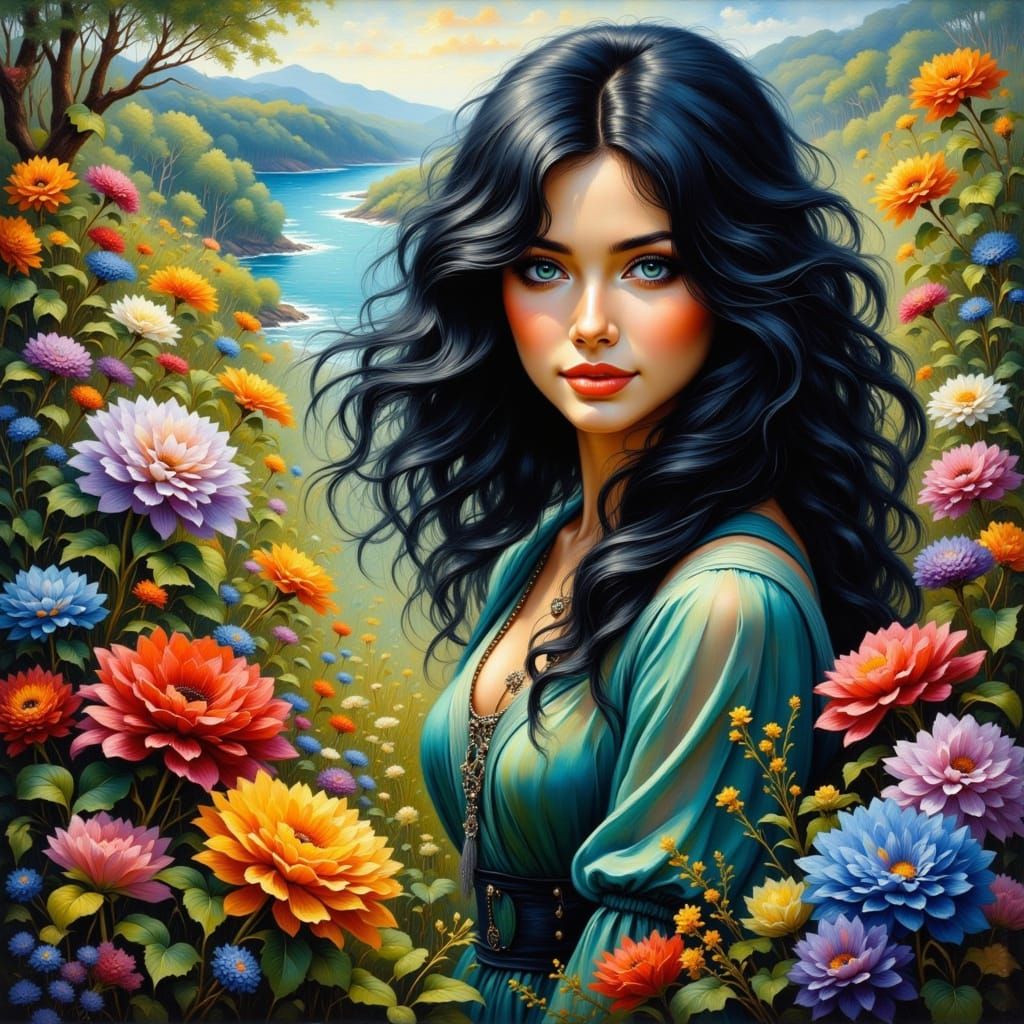 Raven-Haired Woman in English Garden, Hyperrealistic Style