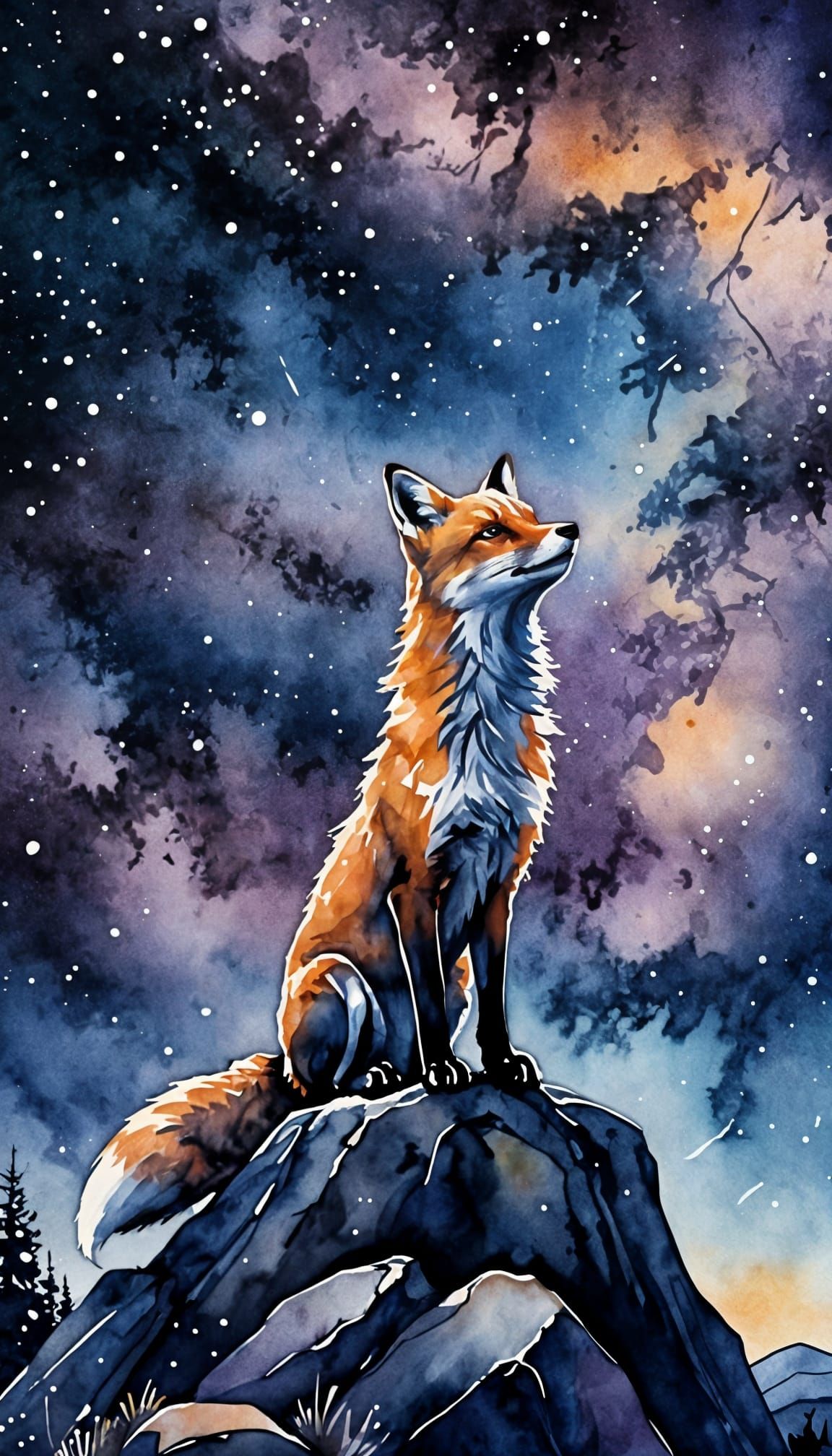 Fox Silhouette Against Starry Night Sky