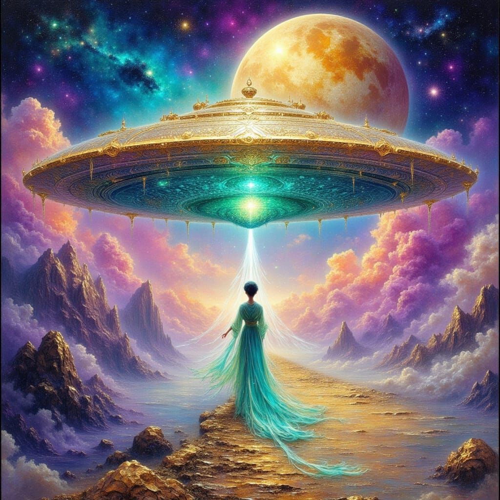 Woman Gazing at Spaceship in Impressionist Style