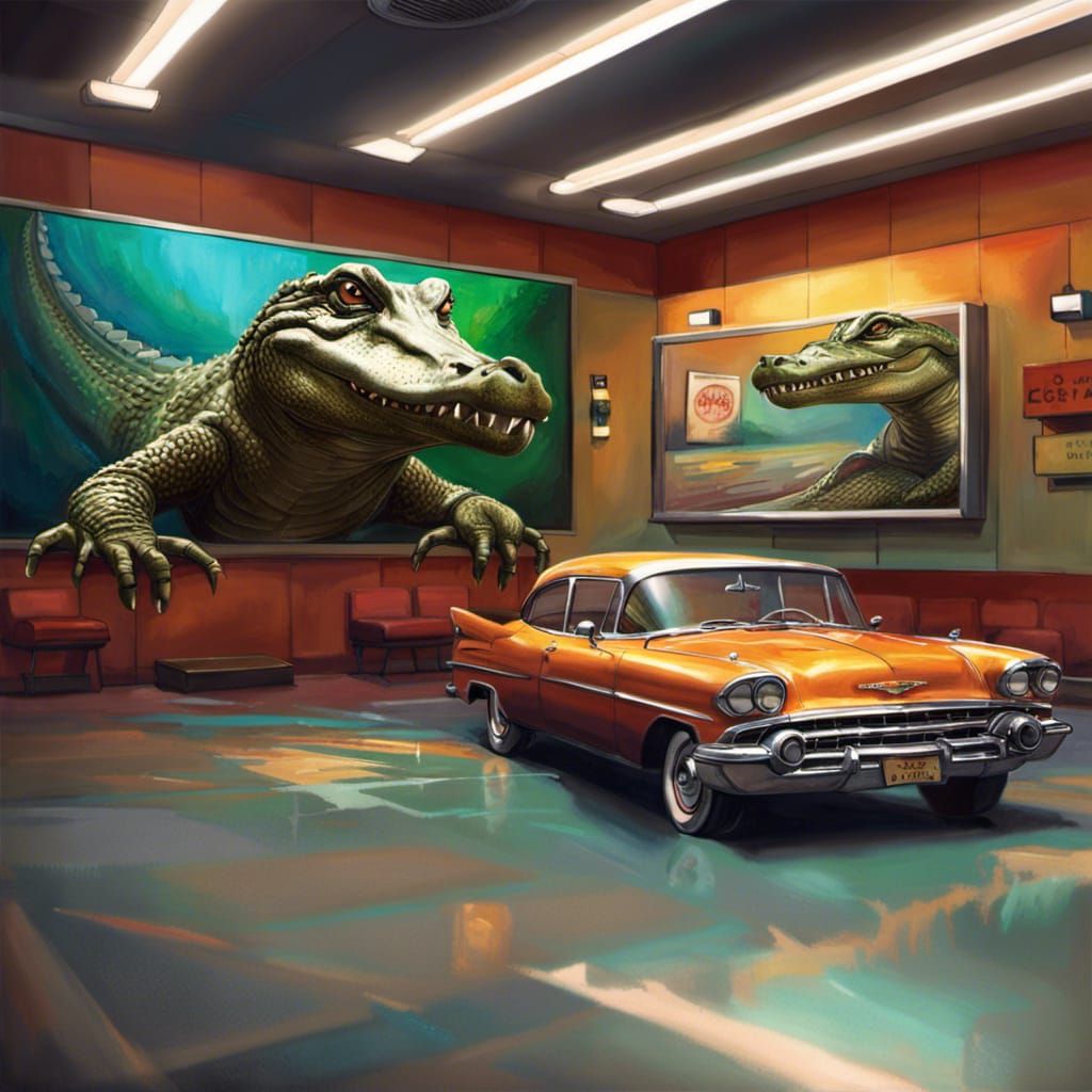 Alligator Drives Chevrolet in Movie Theater, Hyperrealistic ...