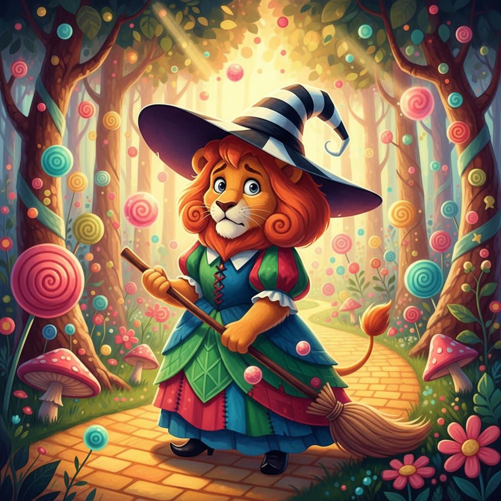 Cowardly Lioness Witch in Whimsical Forest