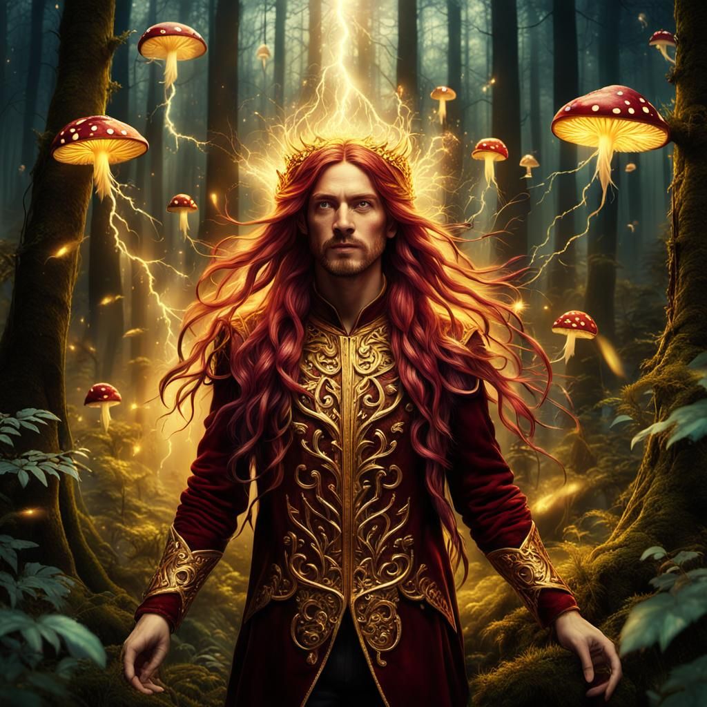 Human Dynamo with Lightning Powers in Mystical Forest