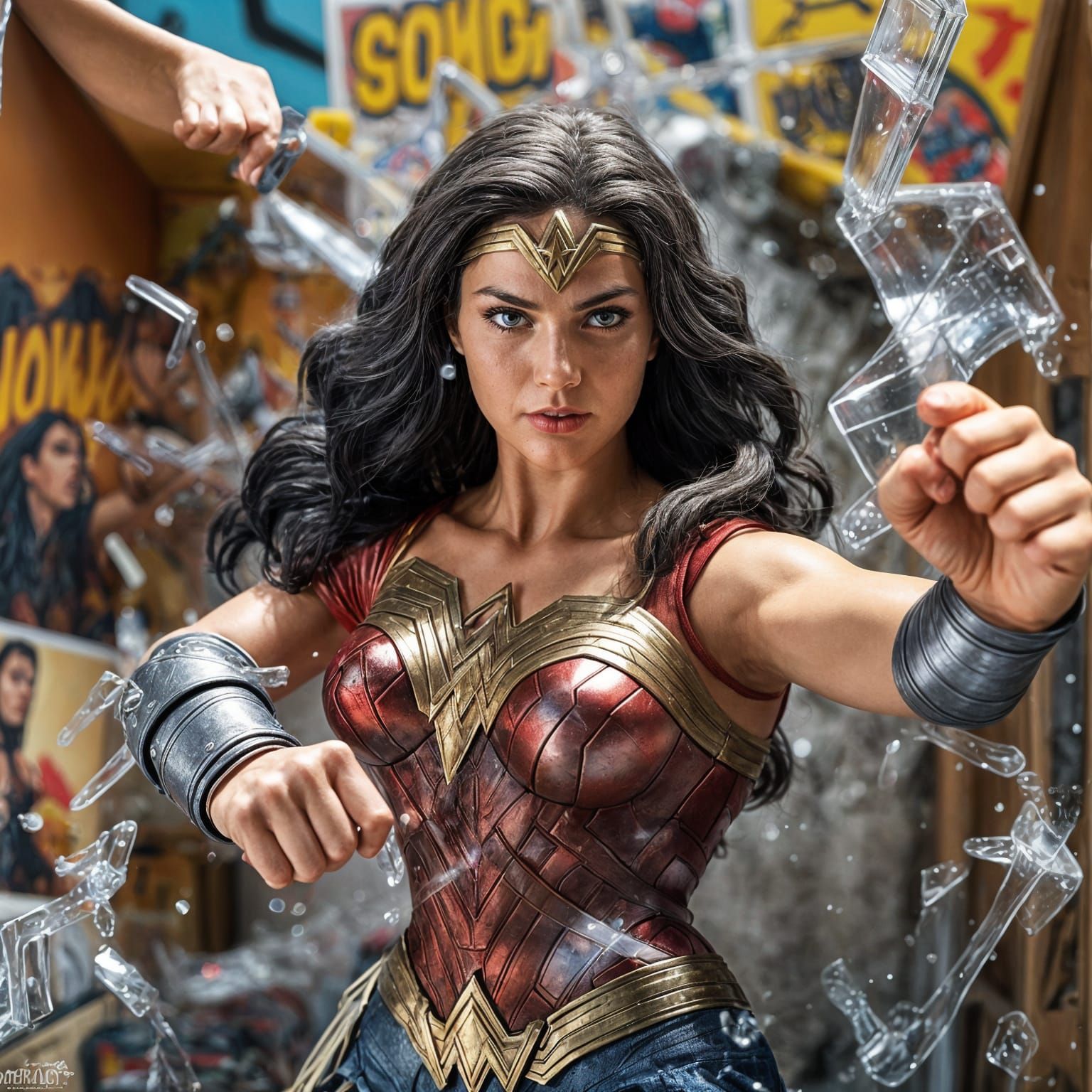A Wonder Woman action figure punching through her toy box packaging. Toy box plastic burst open by punch.