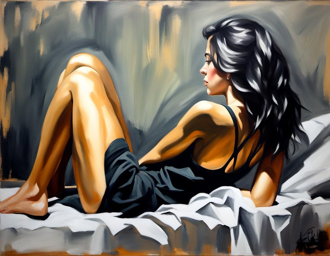 Glamorous Oil Painting of Indigenous Woman on Bed