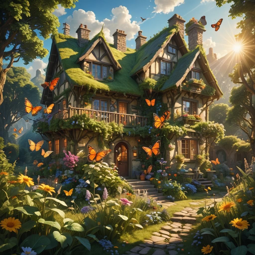 Magical Cottage with Butterflies in Summer Light