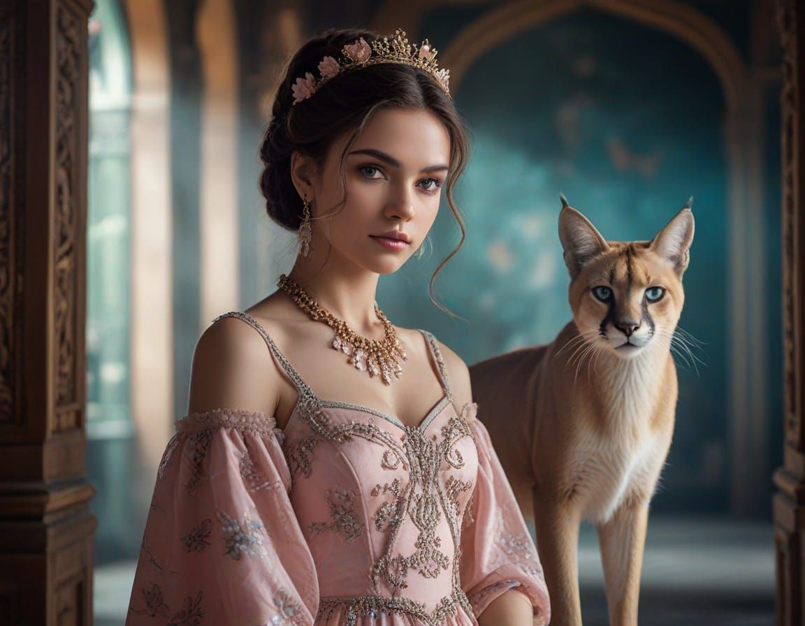 Anime Girl in Palace with Flowers, Pastel Watercolor