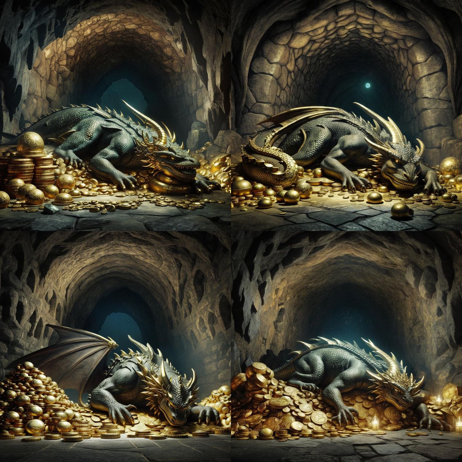 Dragon Sleeping on Treasure in Dimly Lit Cavern