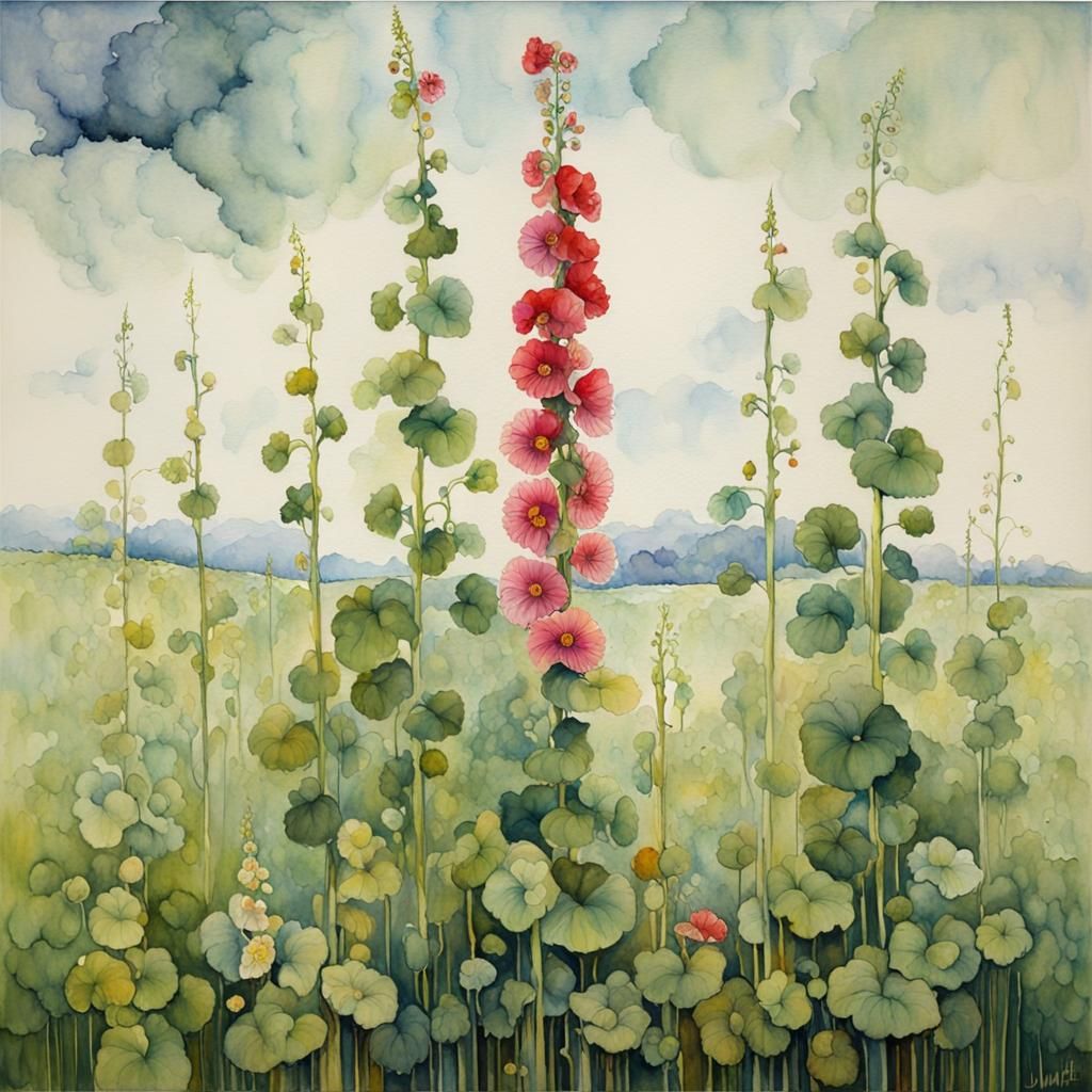 Surreal Hollyhock Flowers in Klimt-Inspired Watercolor