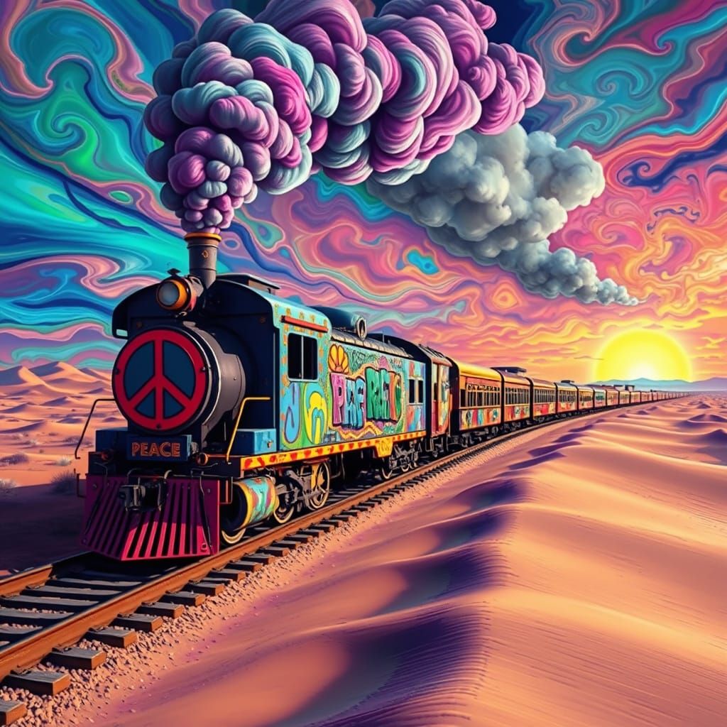 Psychedelic Peace Train Journey Through Desert Landscape