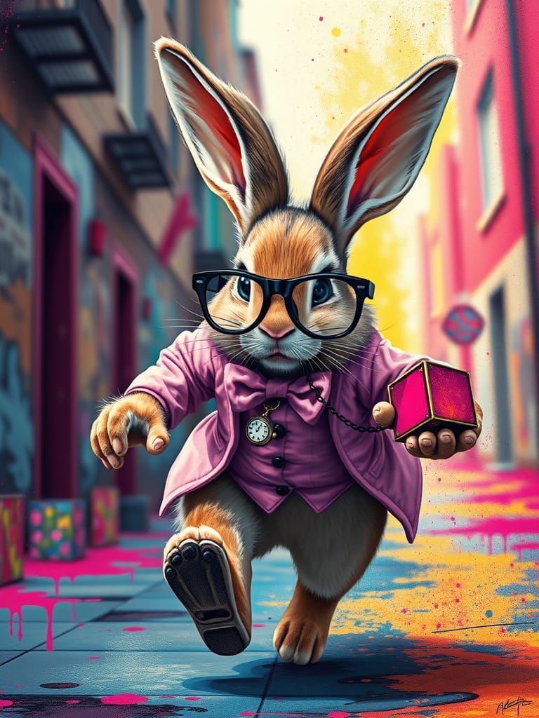 Hyperrealistic Rabbit in Whimsical Street Art Style