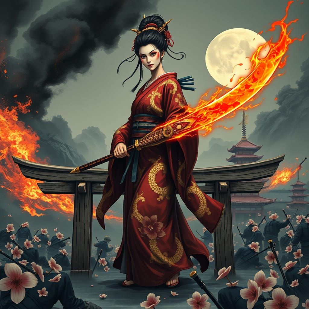 Cyberpunk Warrior Geisha Empresses the Dragon Blade
