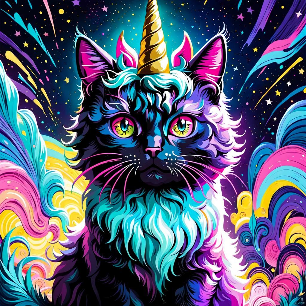 Unicorn Cat at New Year's Eve Party as Impasto Painting