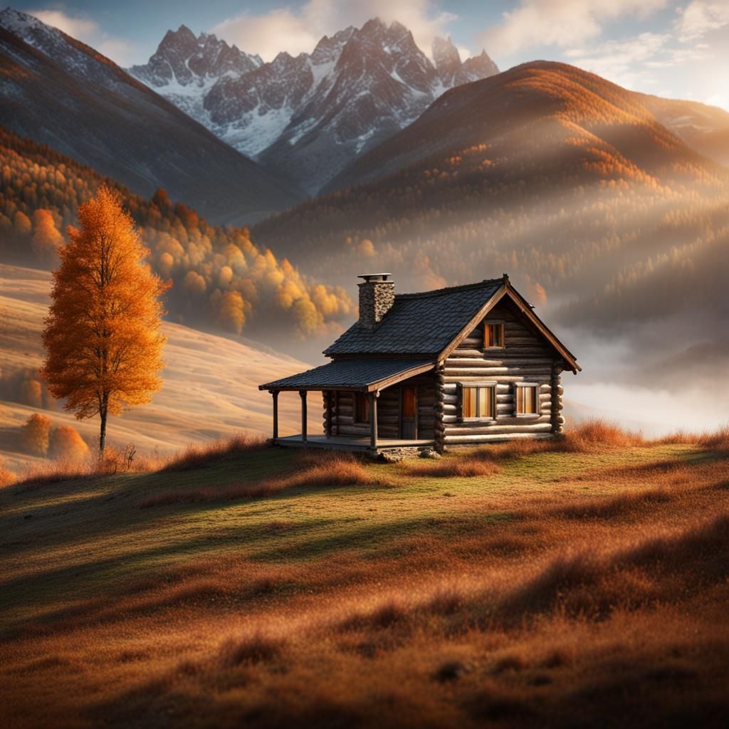 Detailed Autumn Cabin Landscape Photo
