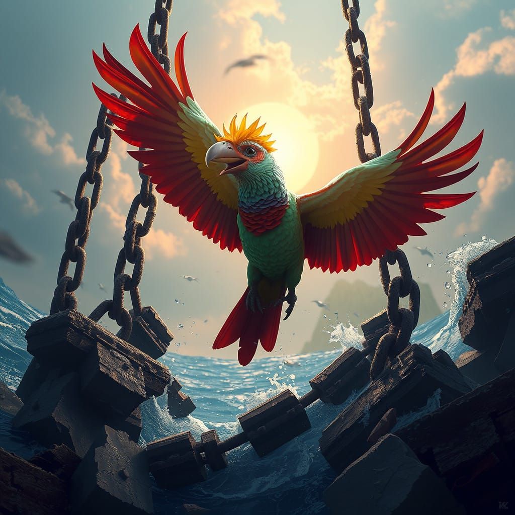 Fantastical Tropical Bird Escapes Chains in Vibrant Matte Pa...