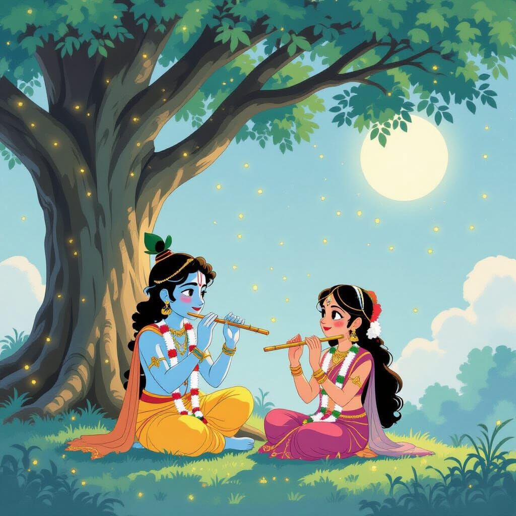 Krishna and Radha Under Banyan Tree in Watercolor Style