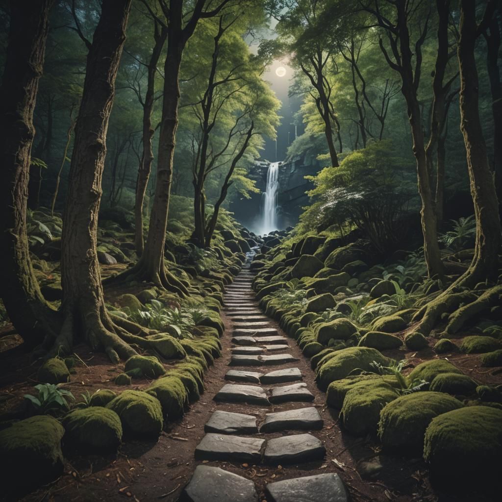 Enchanted Forest Path with Waterfall in Moonlight