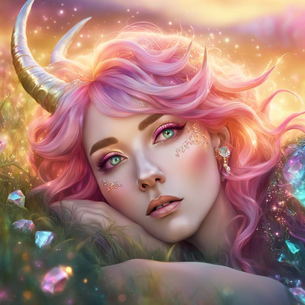 Woman with Crystal Hair in Fantasy Meadow