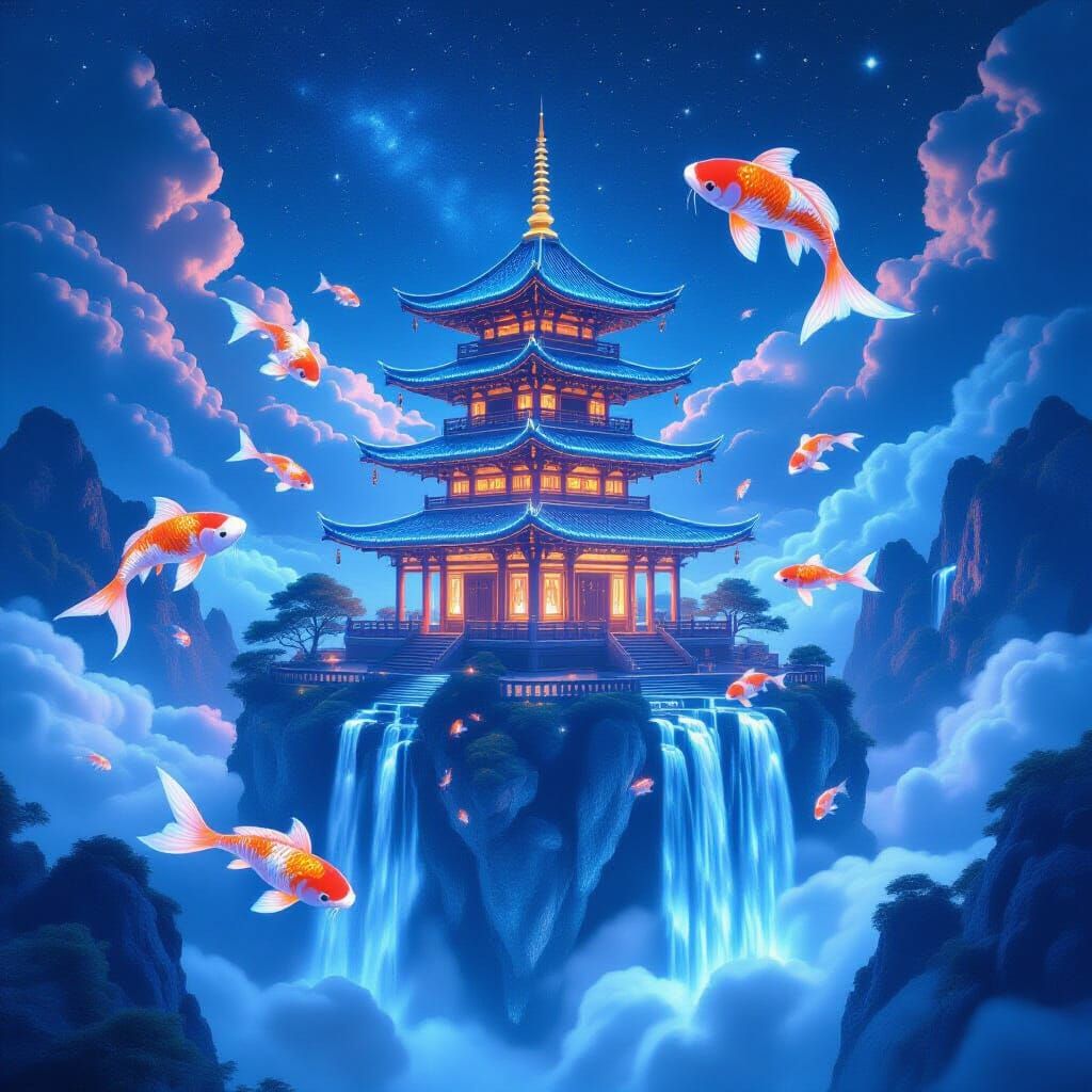 Neon Crystal Pagoda on Floating Island