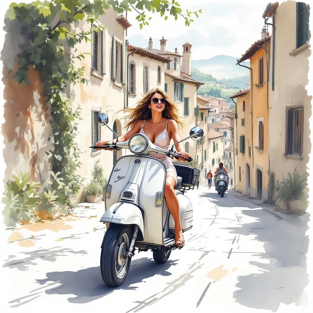 Italian Woman on Vespa: Manara Style Ink Sketch