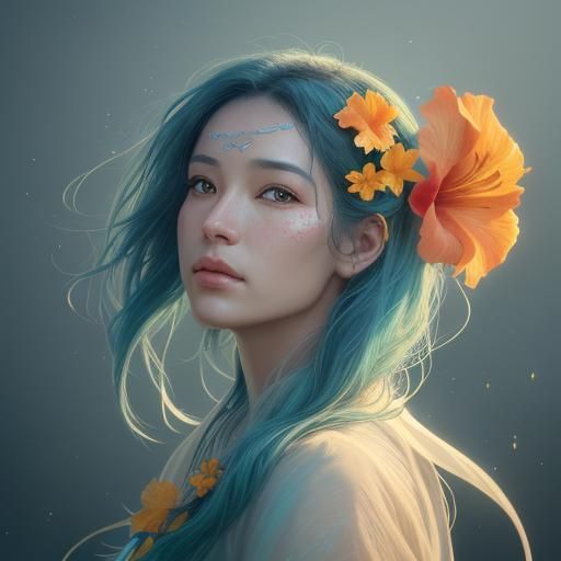 Hawaiian Goddess with Hibiscus, Art Nouveau Style