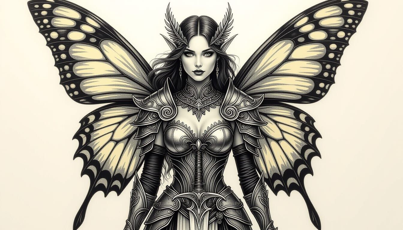 Fae Warrior with Butterfly Wings in Charcoal Drawing Style
