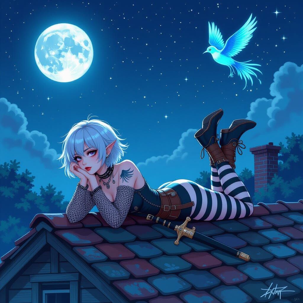 Emo Woman with Wing Tattoo on Rooftop Under Starry Night Sky