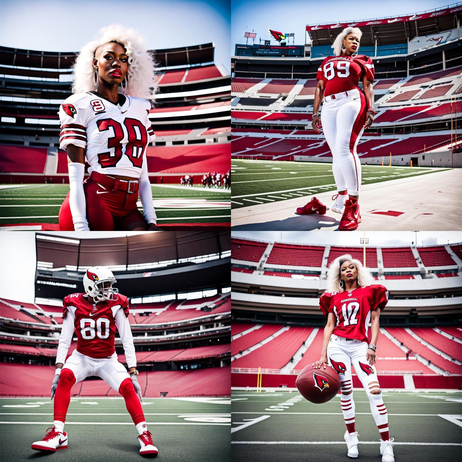 Cartoon Woman in Football Jersey Outside Stadium