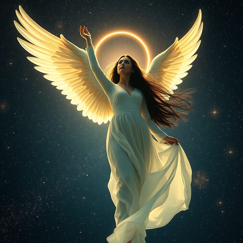 Ethereal Angel in Cosmic Galaxy, Cinematic Film Still
