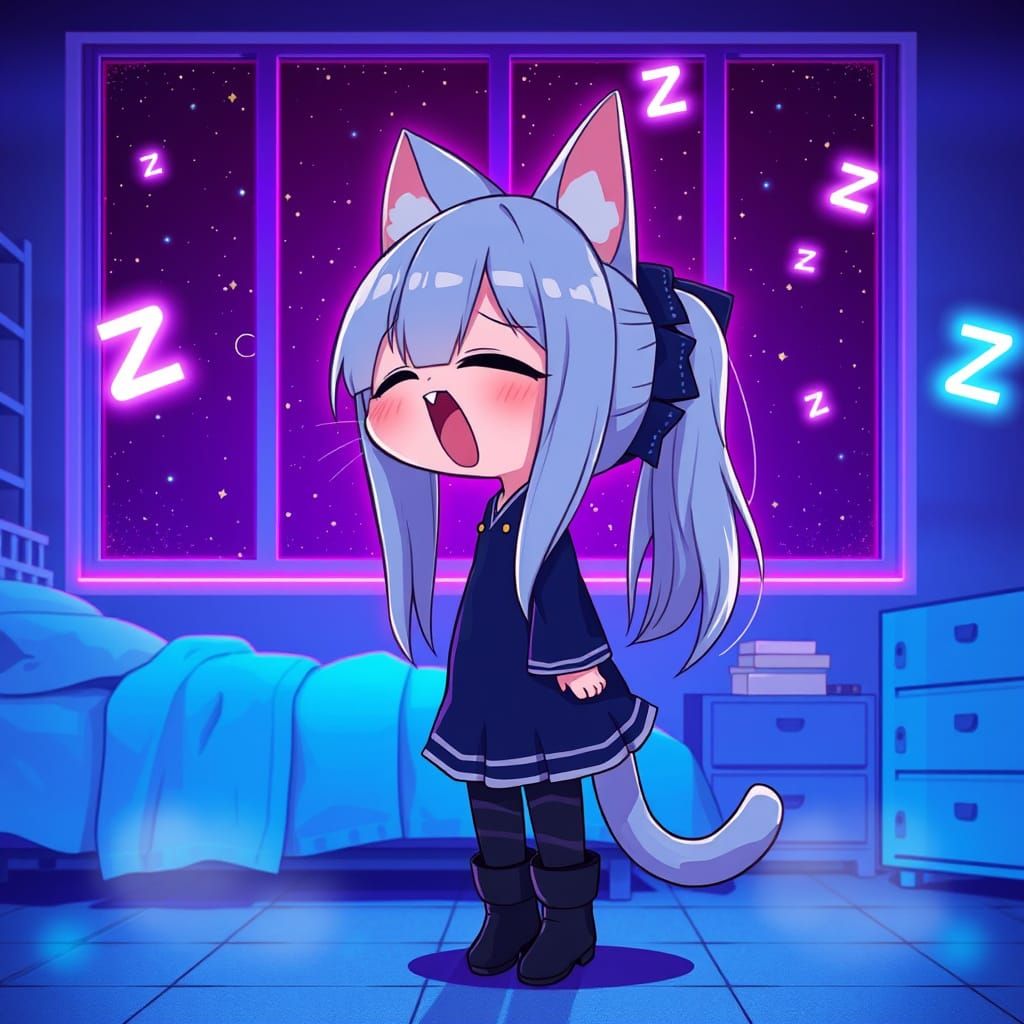 Cute Anime Catgirl in Futuristic Bedroom