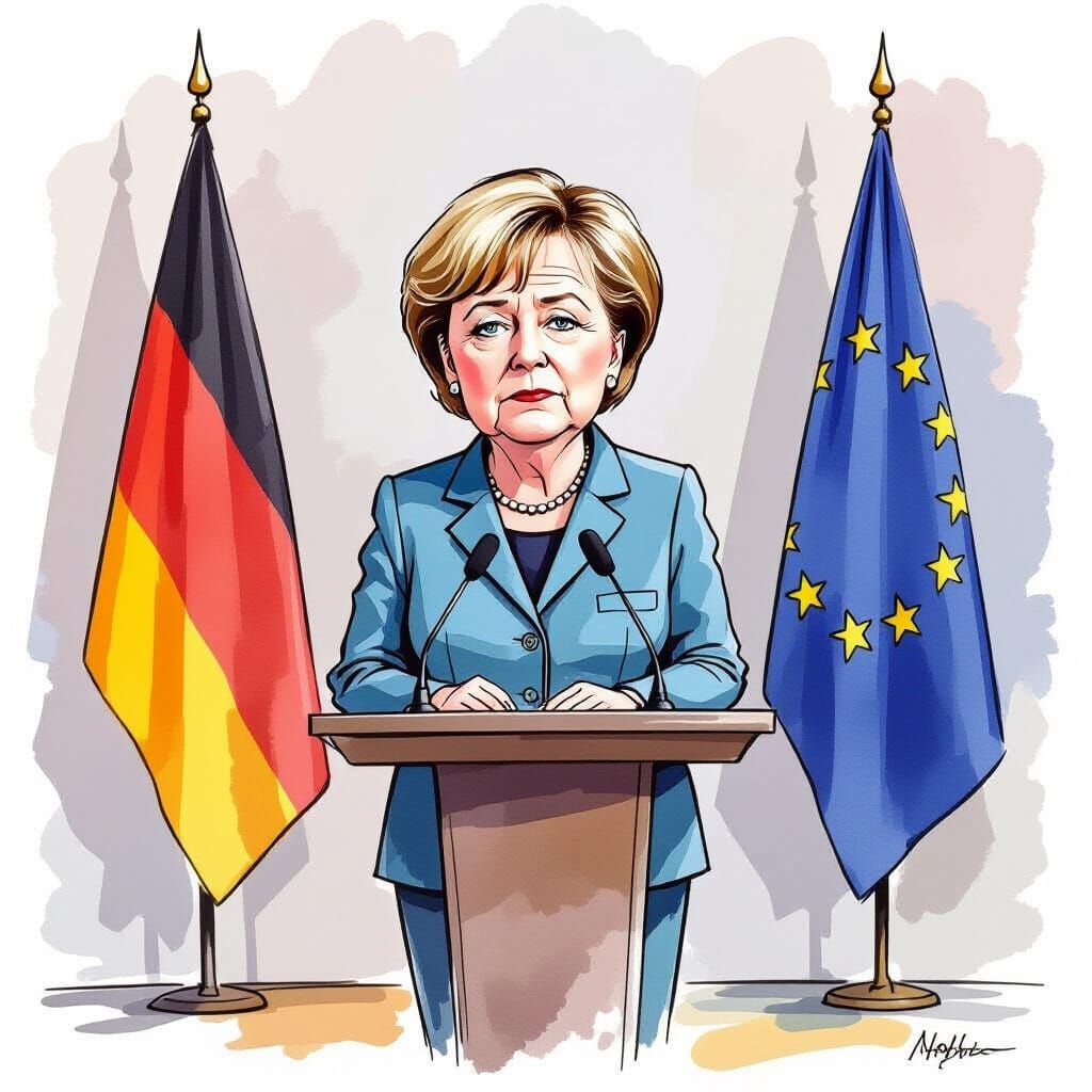Angela Merkel Press Conference Watercolor Caricature
