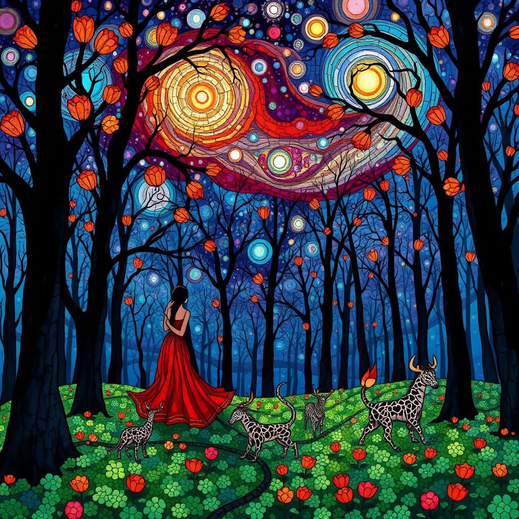 Stained Glass Forest with Mythical Creatures as Bio-Art