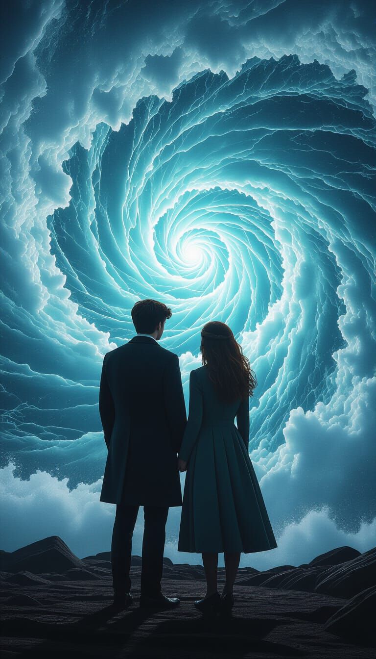 Ocean Vortex with Figures in Cinematic Style