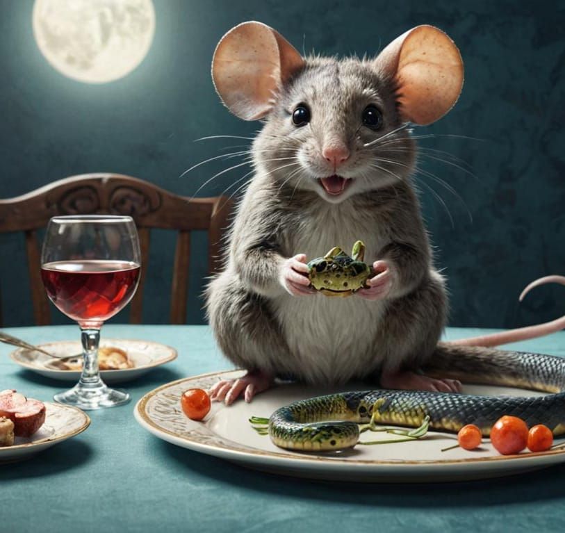 Mouse and Snake at Dinner Table