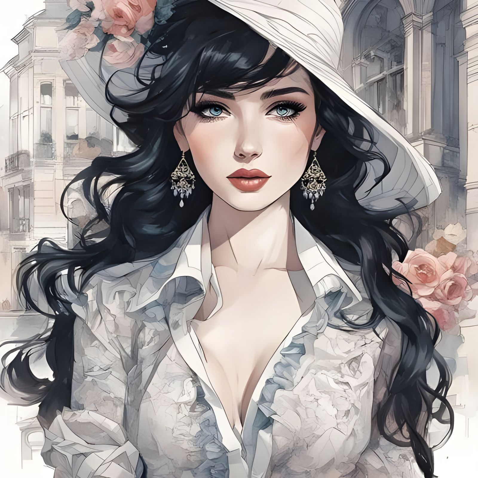 Beautiful French Girl Portrait in Paris, Splash Art Style