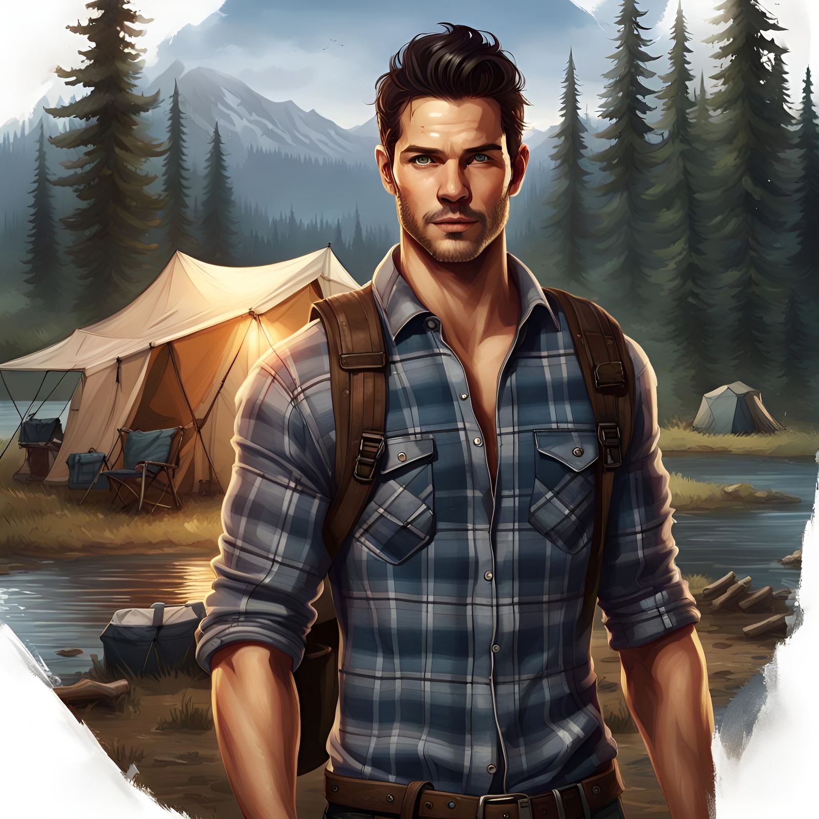 Handsome Man at Campsite in Dark Fantasy Style