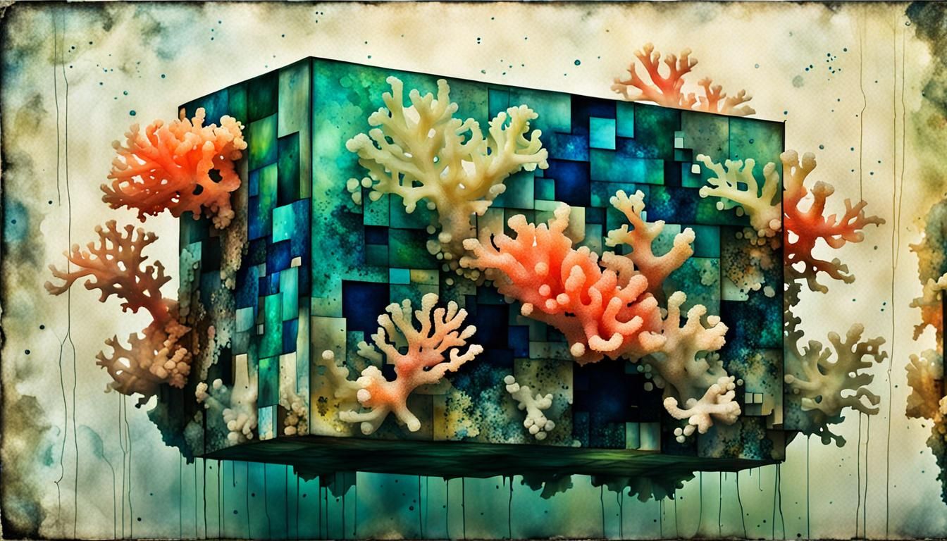 Underwater Box Coral in Pixelated Cubism Style