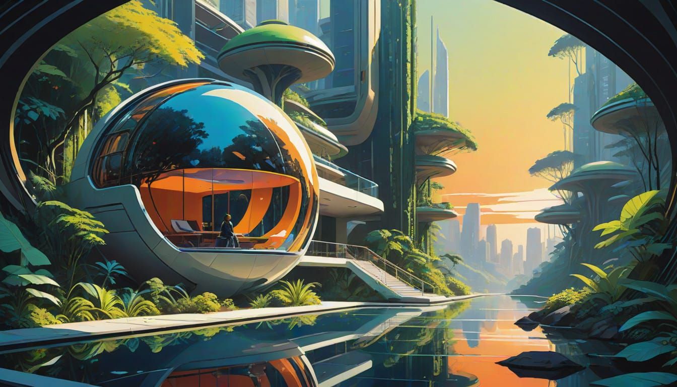 Eco-Friendly Solarpunk Cityscape at Sunset