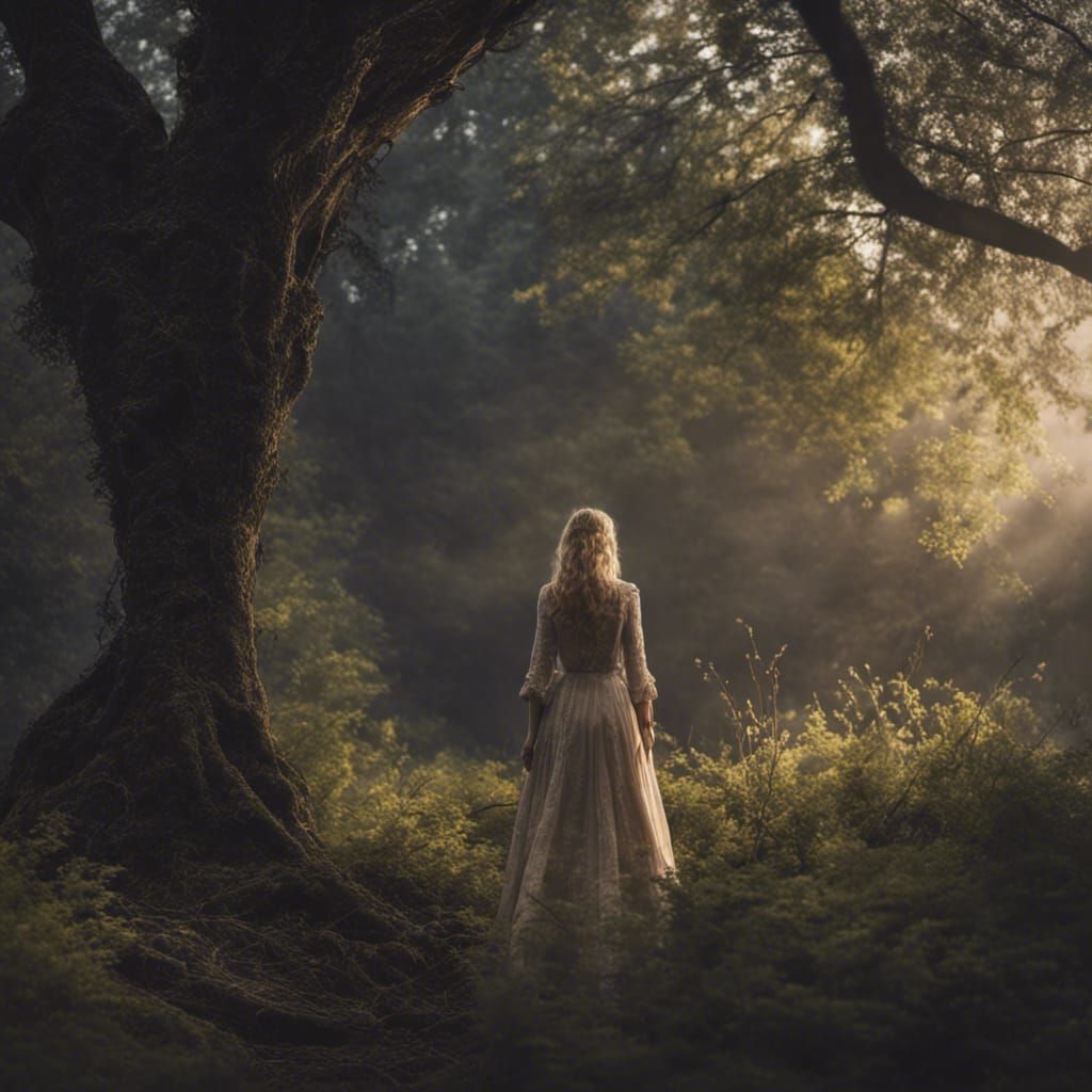 Ethereal Girl in Dark Forest: Oil Painting