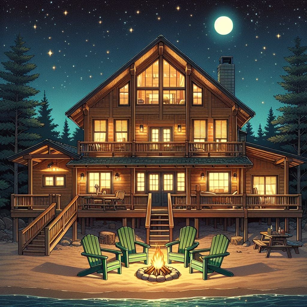 Nighttime Cabin on Beach in Anime Style